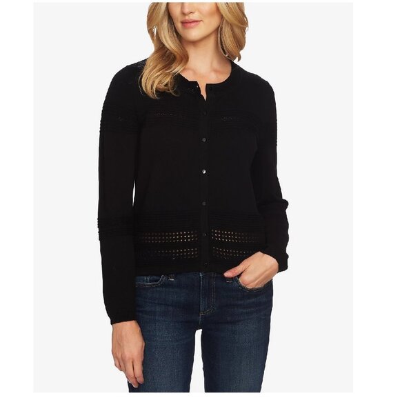 CeCe Cotton Pointelle-Trimmed Cardigan Sweater - Picture 1 of 6